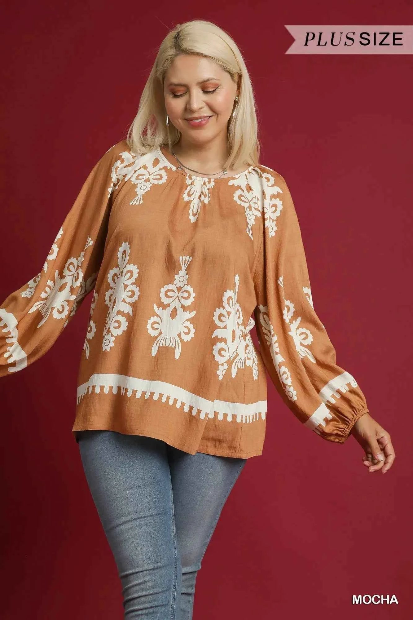 Umgee Full Size Two Tone Border Print Top with Balloon Sleeves Plus Size 8bee4cc2-982e-4fc7-a10e-e3640f8072a8-Max-Origin