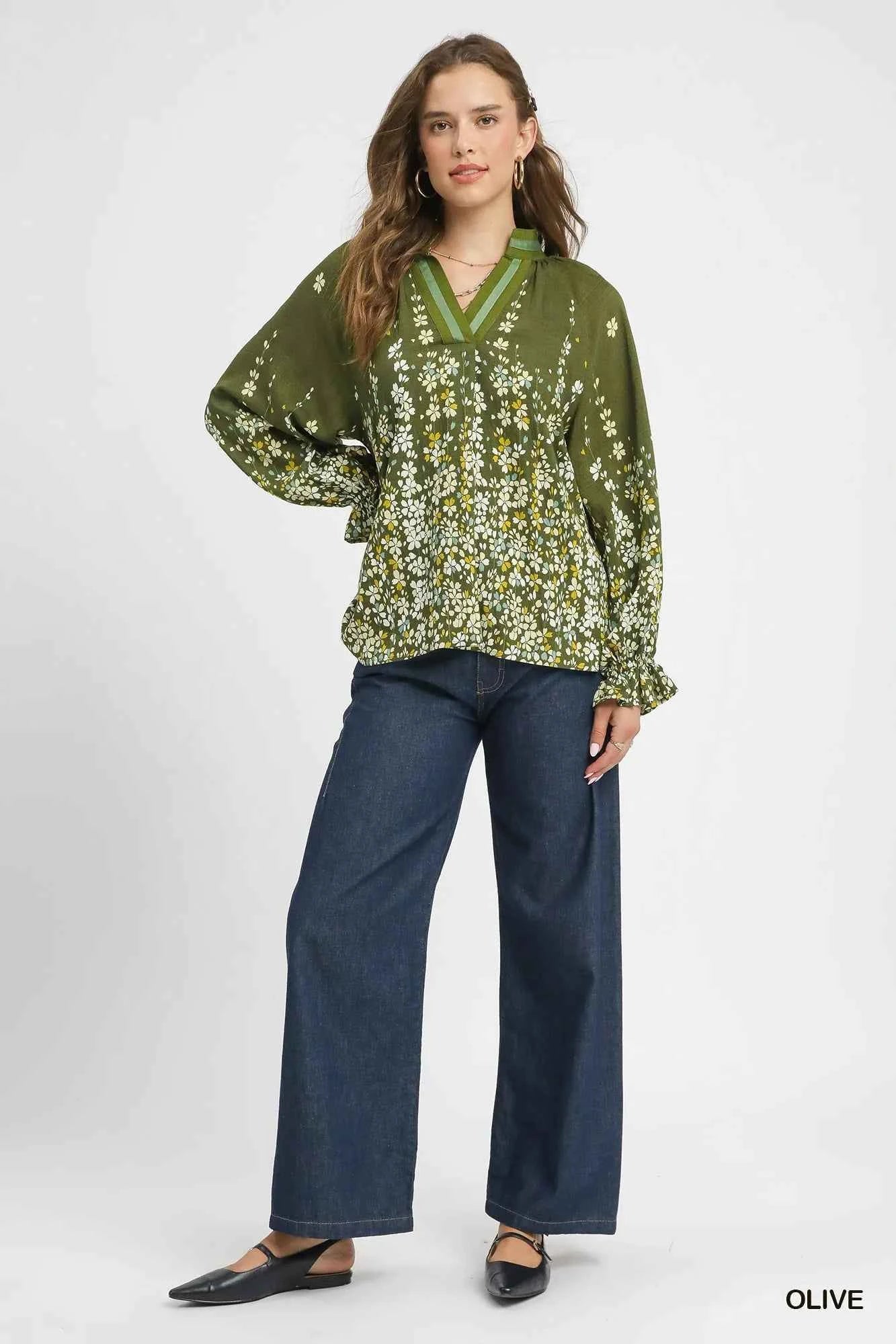 Umgee Floral Vine Print Blouse with Balloon Sleeves 8bf0b184-9651-447a-ae72-3a227d0f9d8b-Max-Origin