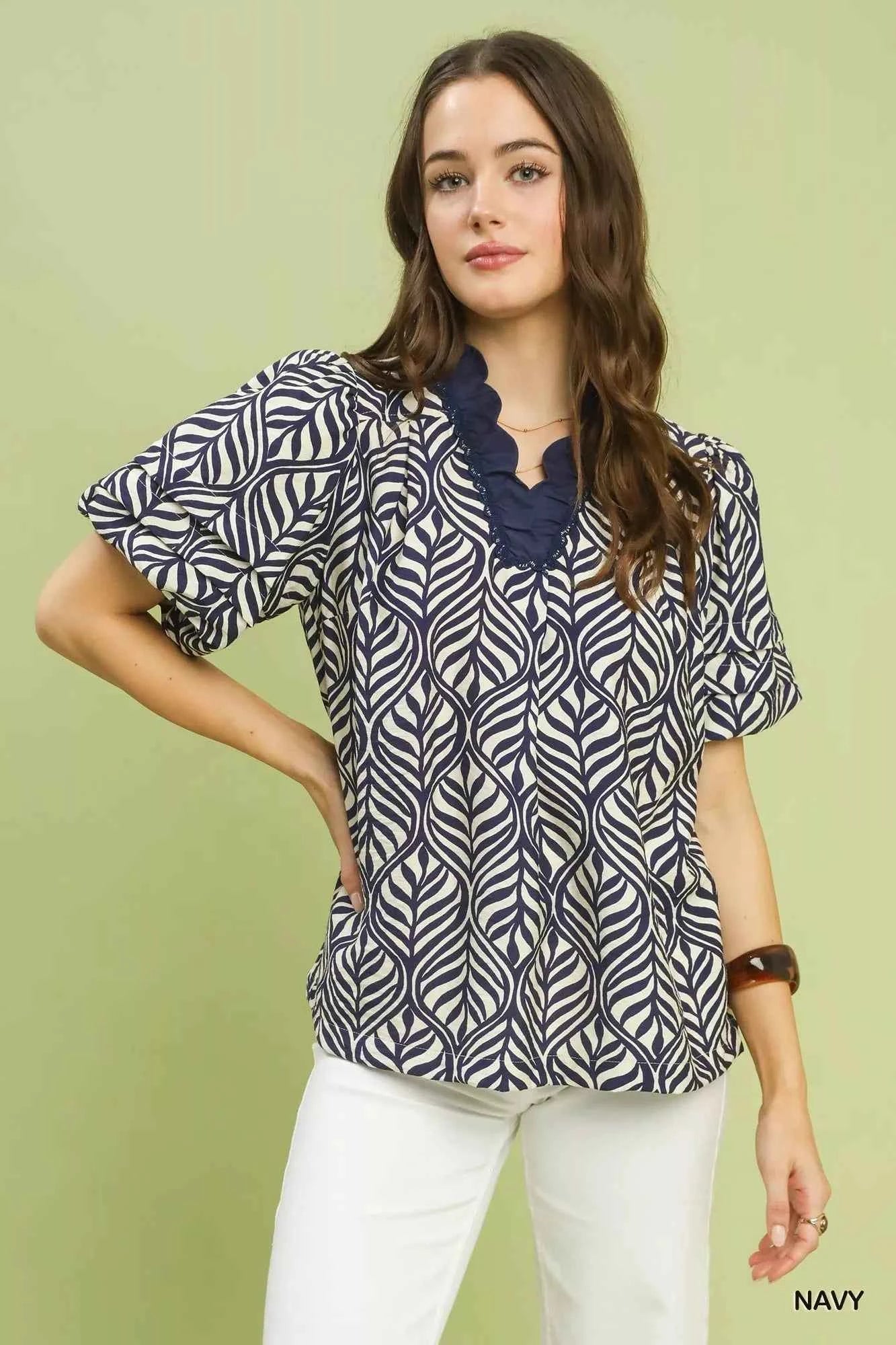 Umgee Printed Puff Sleeve Ruffle Neck Top NAVY 8bf1cedc-2ce9-42fe-b173-7c155a1d711a-Max-Origin