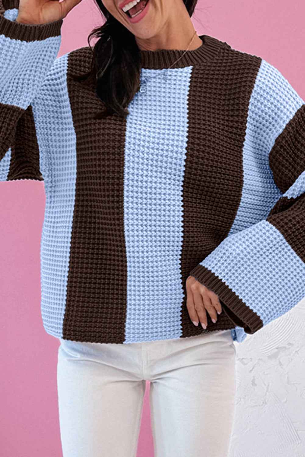 Myosotis Striped Color Block Thermal Textured Knit Drop Shoulder Sweater 8bf769b3758958b0