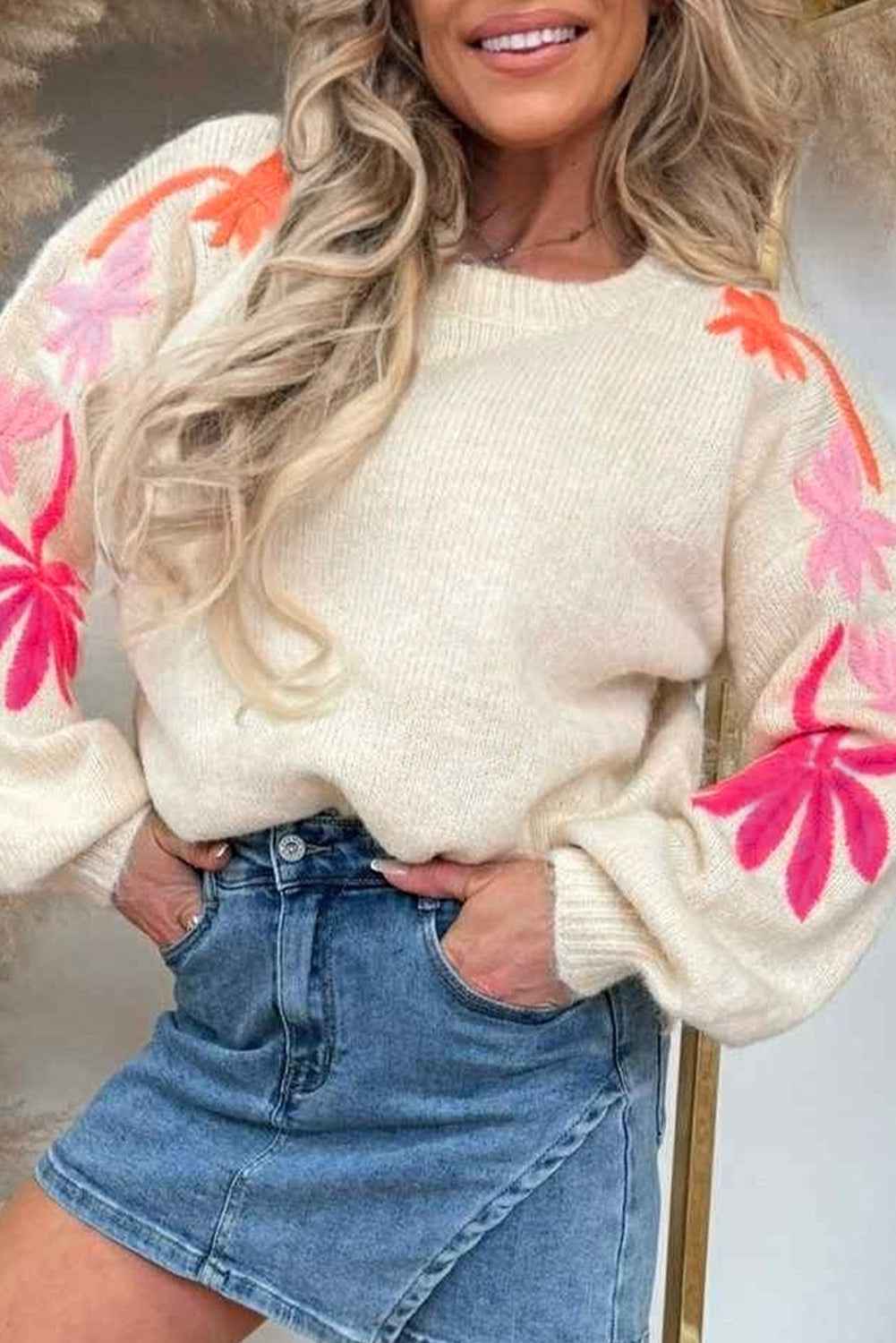 Beige Embroidered Floral Sleeve Round Neck Loose Sweater Beige 65%Acrylic+35%Polyamide 8c0b56862430812e