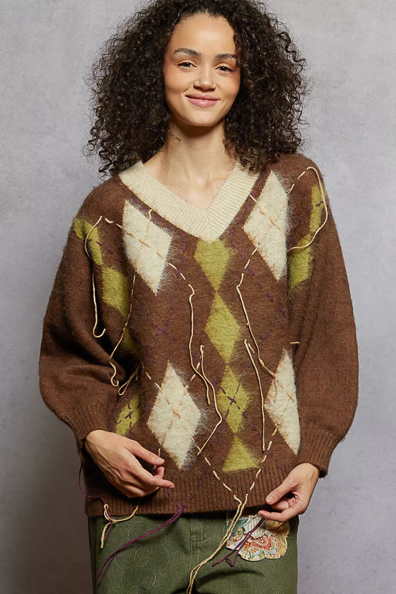 POL V-Neck Argyle Pattern Mohair Sweater with Contrast Exposed Stitch Detail 8c1226e4-d255-4a49-9917-51fa66d73149-Max-Origin