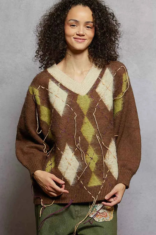 V-Neck Argyle Pattern Mohair Sweater with Contrast Exposed Stitch Detail 8c1226e4-d255-4a49-9917-51fa66d73149-Max-Origin
