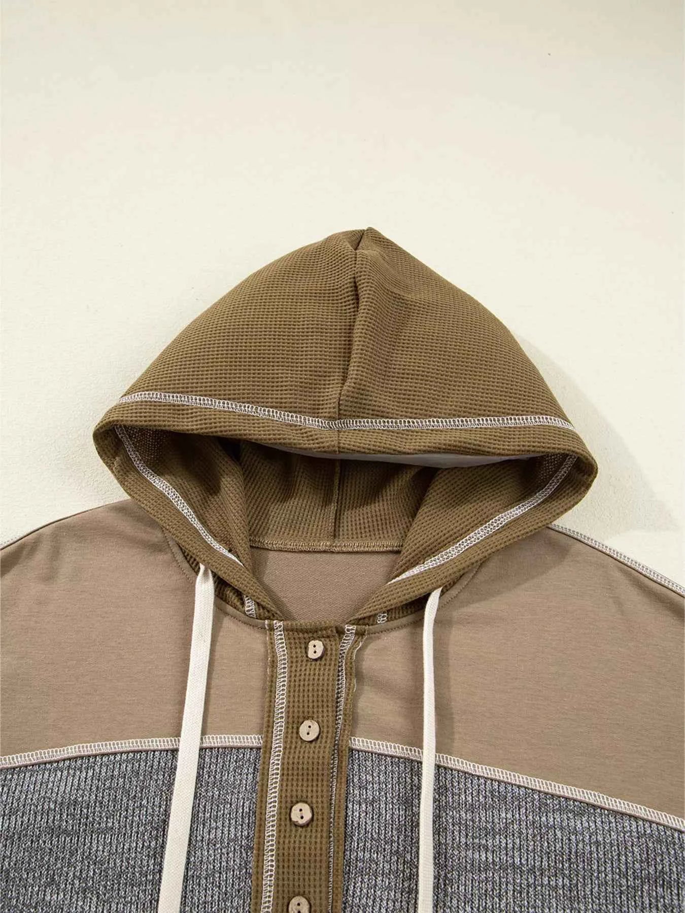 Mixed Texture Patchwork Exposed Seam Half Button Hoodie 8c1a07830618441da3cf55b2d8b025f9-Max-Origin