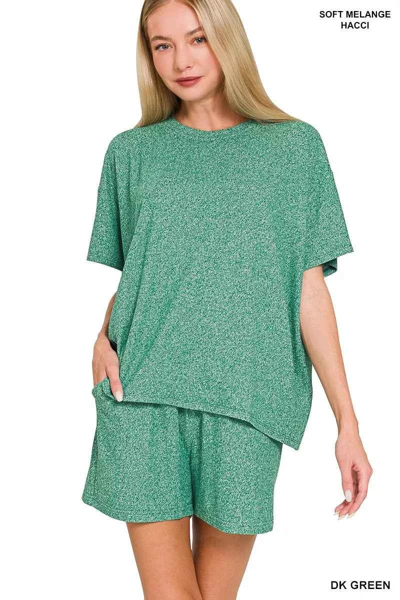 Zenana Soft Melange Short Sleeve Tee and Shorts Set DK GREEN 8c1a4e326af4475aa49134dea291cd2d-Max-Origin