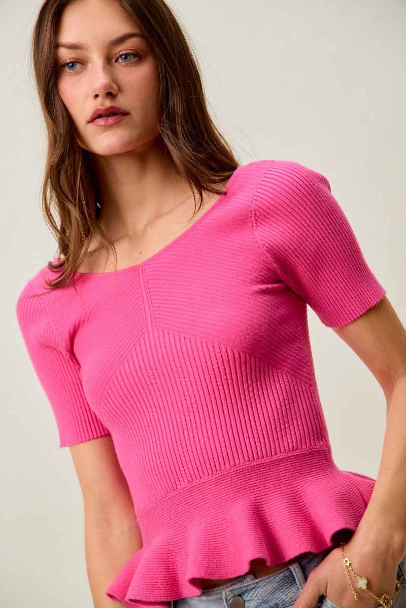 SO ME Ribbed Knit Short Sleeves Peplum Sweater Top 8c1d56bb8142423ab851939f34426160-Max