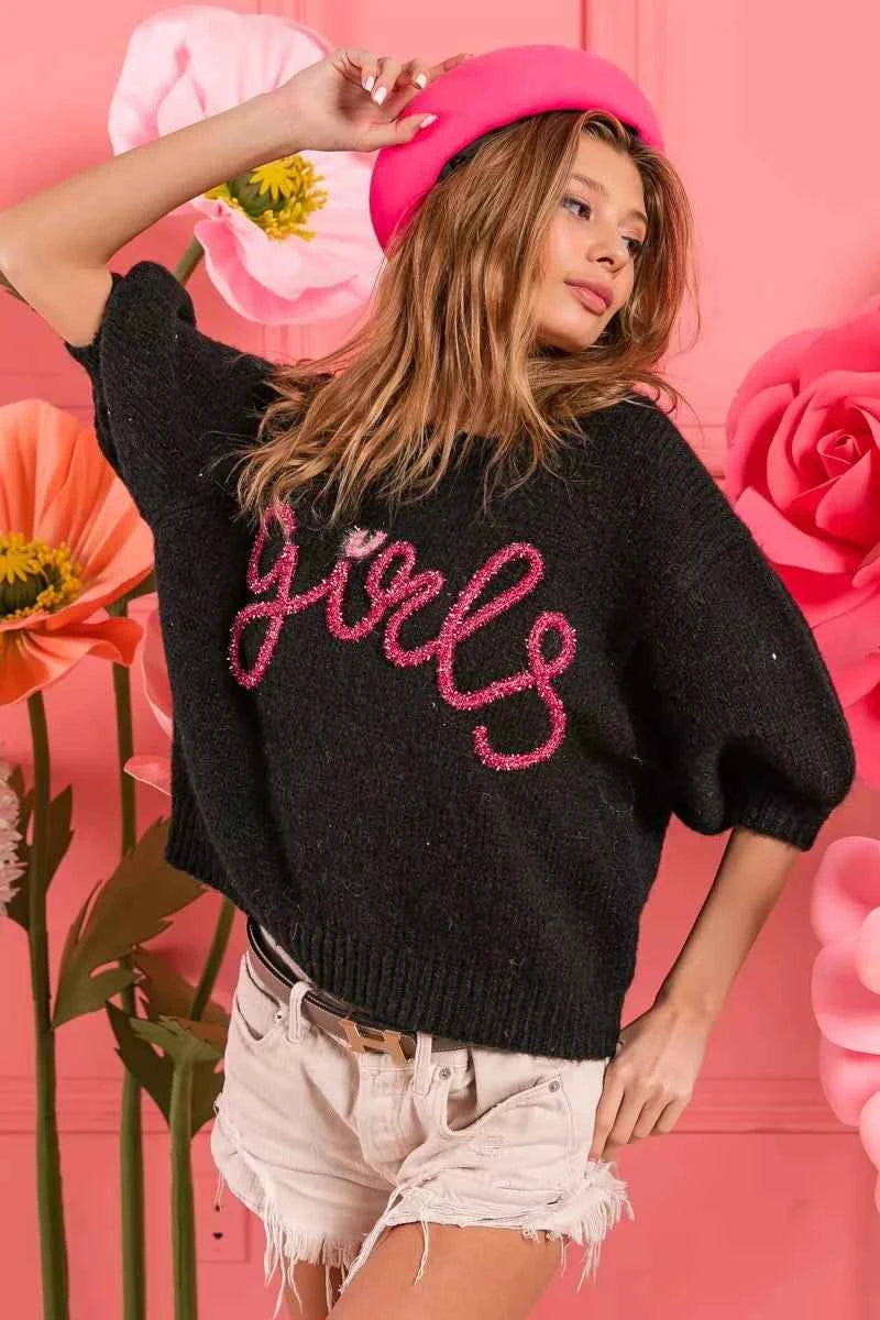 BiBi Metallic Letter Short Puff Sleeve Hairy Sweater 8c20346e-b17b-4e8c-a797-e06a339a402e-Max-Origin