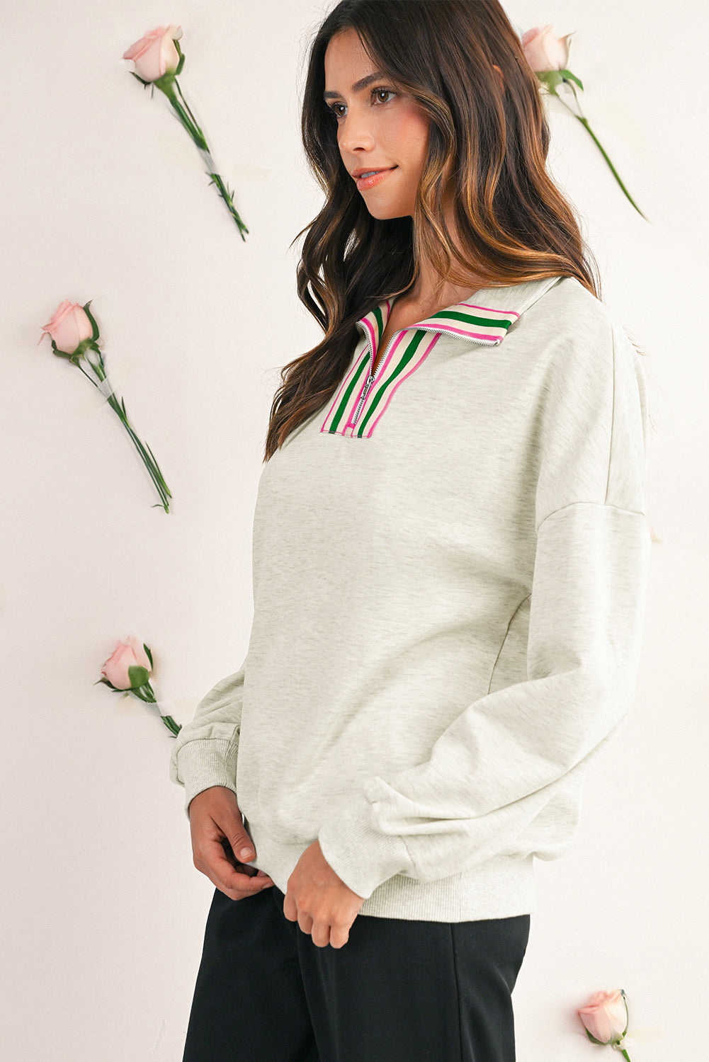 Sachet Pink Pop of Color Collared Patchwork Pullover Sweatshirt 8c222e109d8282c1