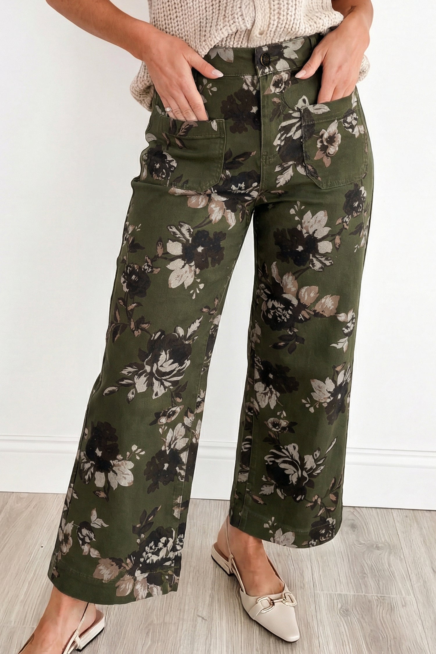 Green Vintage Floral Print Square Patch Pocket Raw Hem Shift Jeans 8c271371c81281ee
