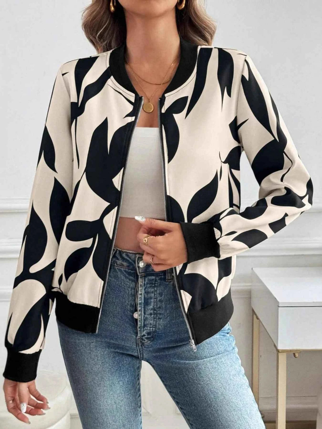 Printed Zip Up Long Sleeve Jacket 8c277d023b1a41349ee326403c91f93b-Max-Origin