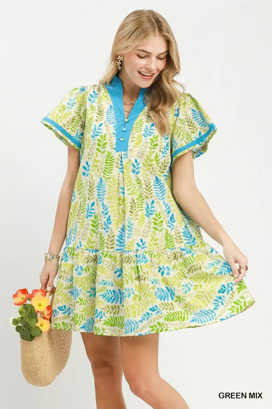 Leaf Print Flutter Sleeve Tiered Mini Dress GREEN MIX 8c27c5ca-4813-402a-b768-0651dfd60b67-Max-Origin