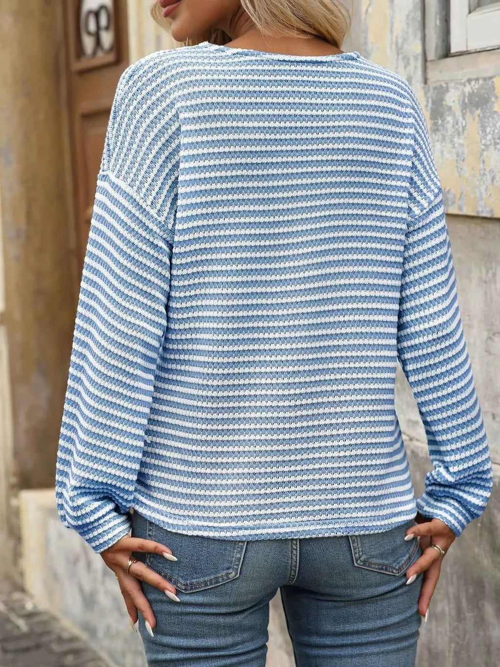 Striped V-Neck Button Front Casual Top 8c2de57d718d4fe58e7075af3c223d9e-Max-Origin