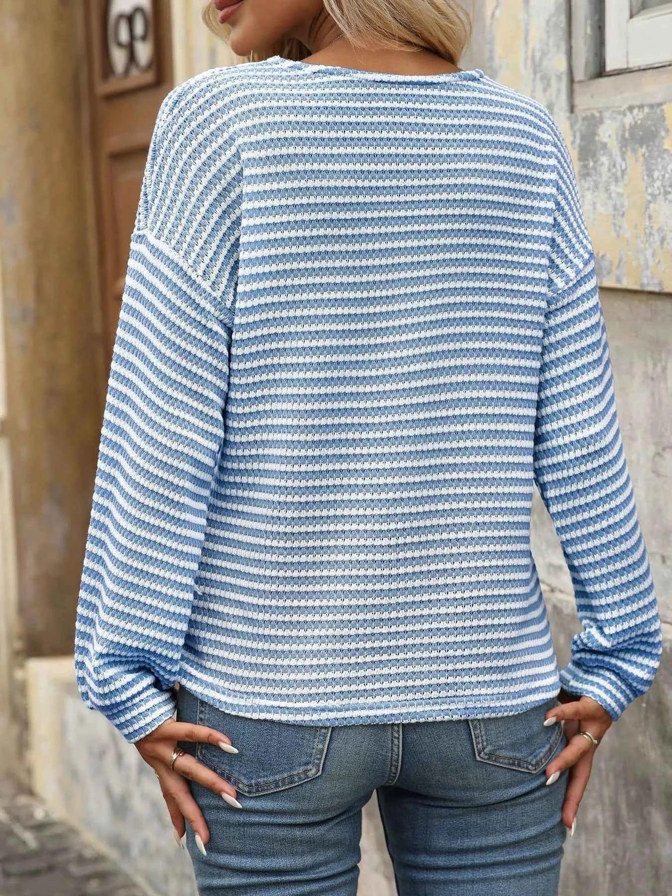Striped V-Neck Button Front Casual Top 8c2de57d718d4fe58e7075af3c223d9e-Max-Origin