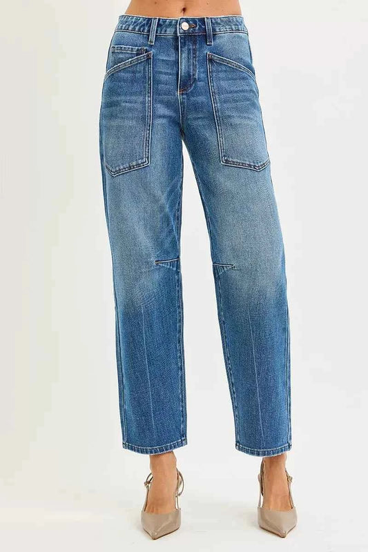 4 Way Stretch Mid Rise Barrel Jeans with Patch Pocket Detail 8c2f6311288c4c529bef0d11e6be37ec-Max-Origin