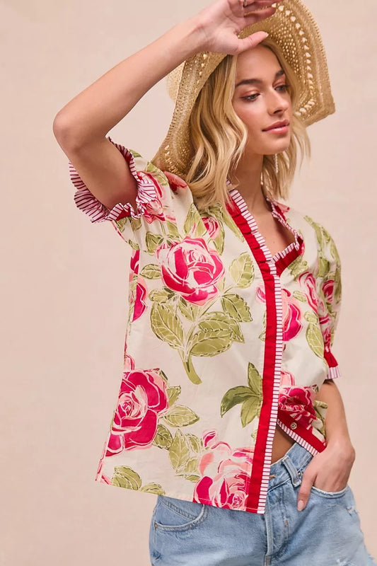 Floral Printed Ruffled Blouse - 100% Cotton Contrast Edge 8c334aaf-72eb-4a6d-91ae-12aaaeb66f63-Max-Origin