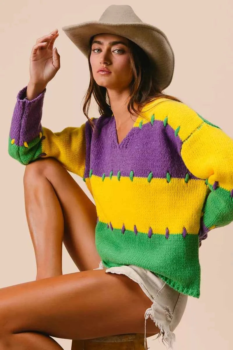 BiBi Stitch Detail Mardi Gras Stripes Sweater 8c3f0aa1d2e04d968faeccb4bbe2a62a-Max-Origin