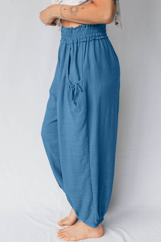 Prussian Blue Smocked Waist Casual Jogger Style Pants 8c4d10e9f1af4cc5