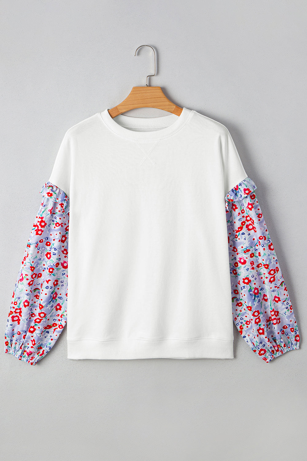 White Floral Ruffle Balloon Sleeve Patchwork Loose Blouse 8c5a308b74779eb8