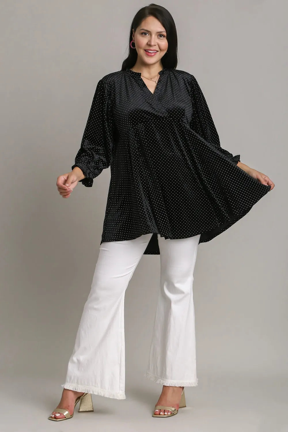 Umgee Full Size Beaded Frill Flounce Sleeve Velvet Babydoll Blouse 8c60dcf5-fff9-4279-8455-54f03e315b8a-Max