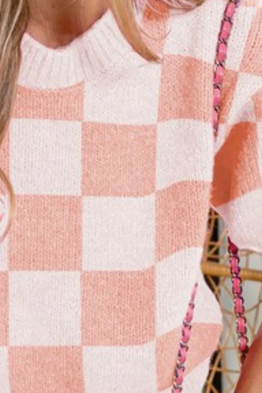Check Pattern Short Puff Sleeve Sweater Top 8c60dfcf-c49b-4980-8756-a58466e19f7f-Max-Origin