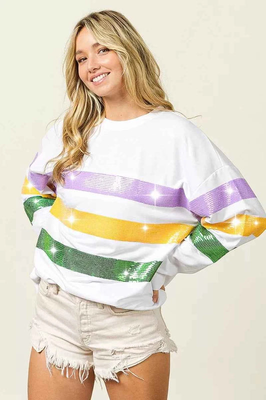 Sequin Mardi Gras Striped Round Neck Sweatshirt 8c626449f37549c9af64ca7157ddd68a-Max-Origin