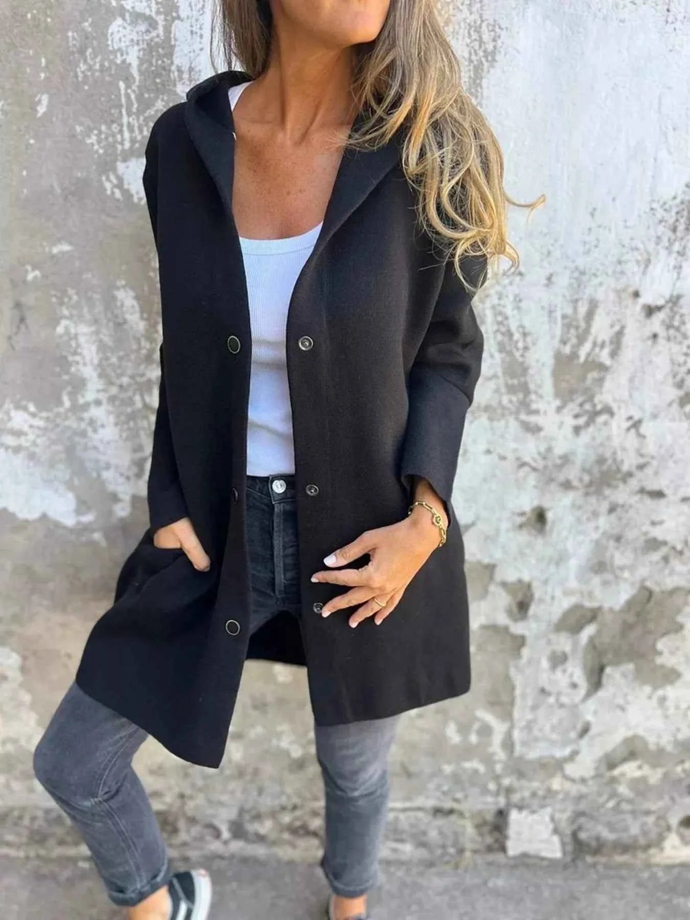 Full Size Snap Down Long Sleeve Hooded Outerwear Plus Size Black 8c6b223fdde049c3baece0658cb18d29-Max-Origin