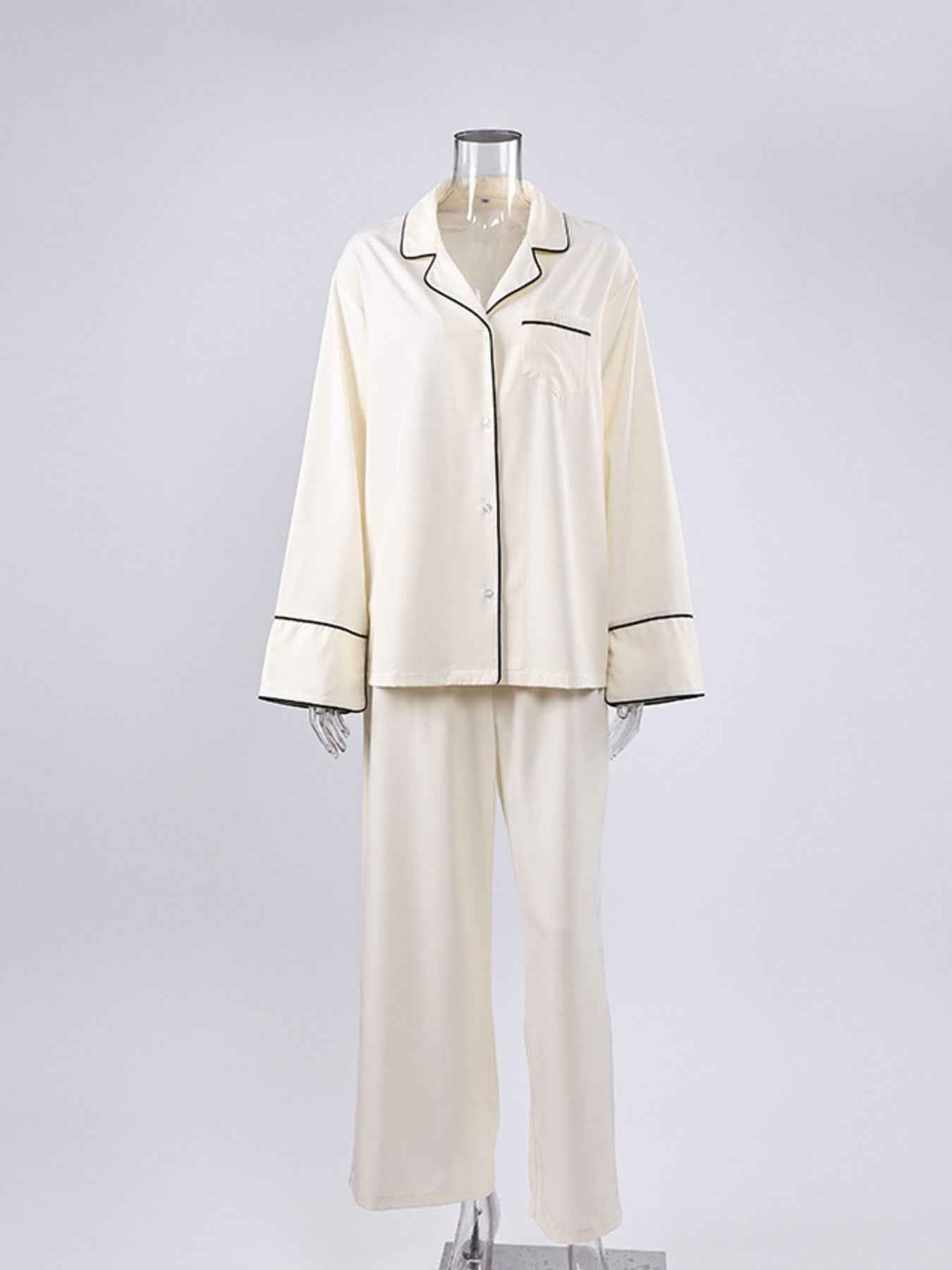 Contrast Trim Button Up Top and Pants Lounge Set 8c71d70f814f4c01aaa8820420f6c6eb-Max