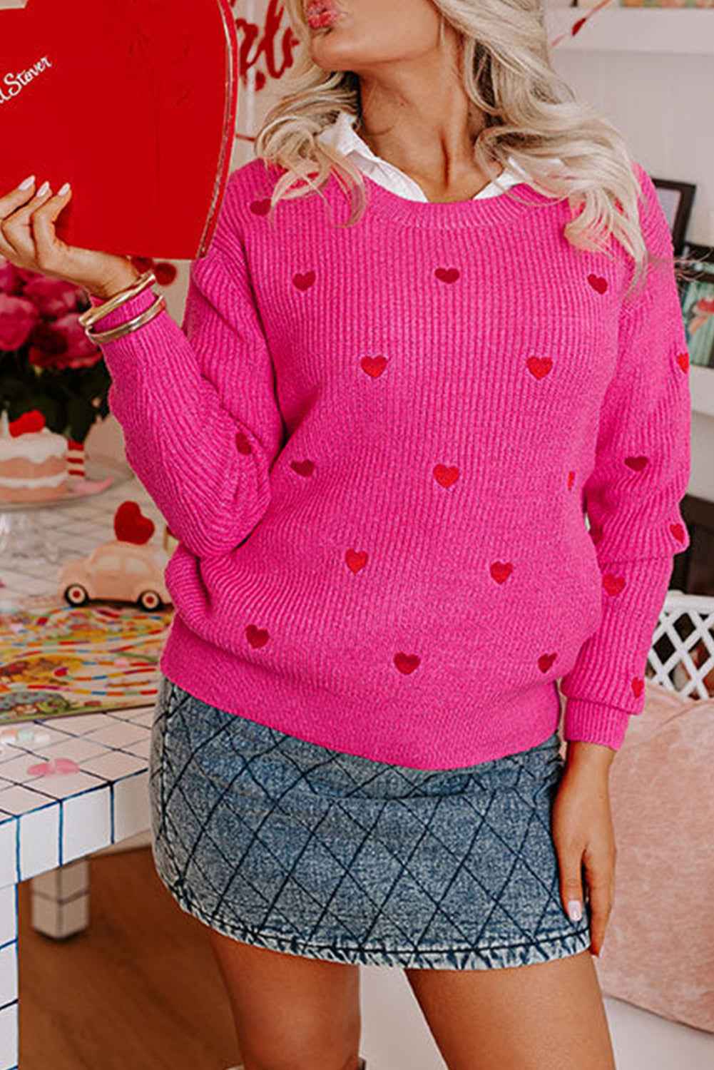 Rose Red Heart Pattern Drop Shoulder Round Neck Sweater Rose Red 50%Viscose+28%Polyester+22%Polyamide 8c73c0c19323fcad
