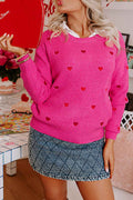 Rose Red Heart Pattern Drop Shoulder Round Neck Sweater Rose Red 50%Viscose+28%Polyester+22%Polyamide 8c73c0c19323fcad