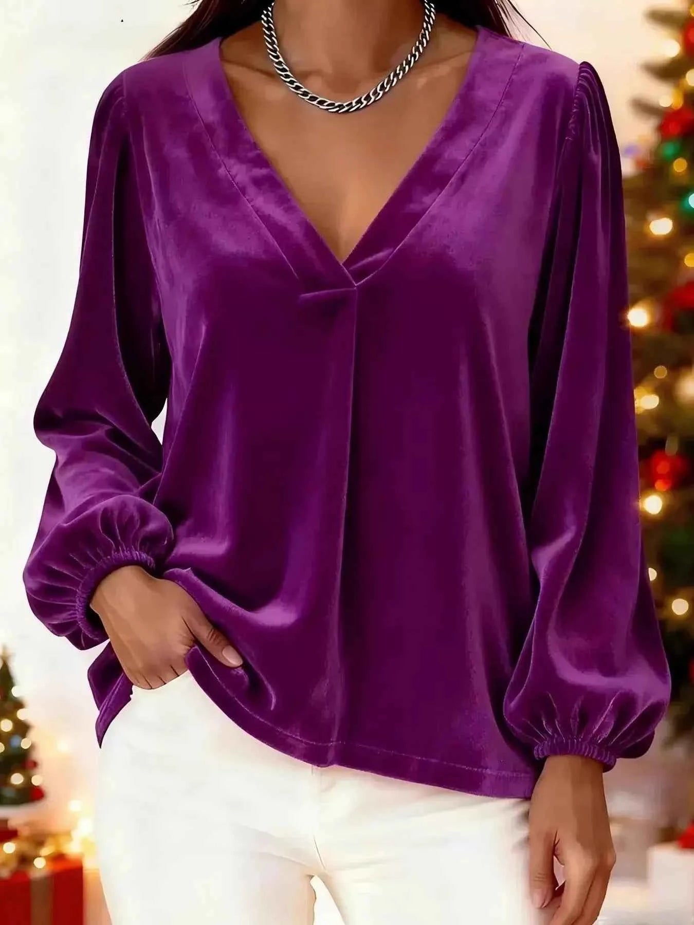 Full Size Velvet V-Neck Balloon Sleeve Blouse Plus Size