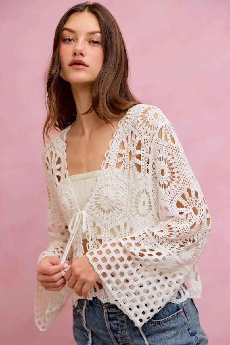 SO ME Floral Pattern Crochet Knit Tie Front Crop Cardigan 8c7be73b40b348719dbca31606ca9318-Max-Origin