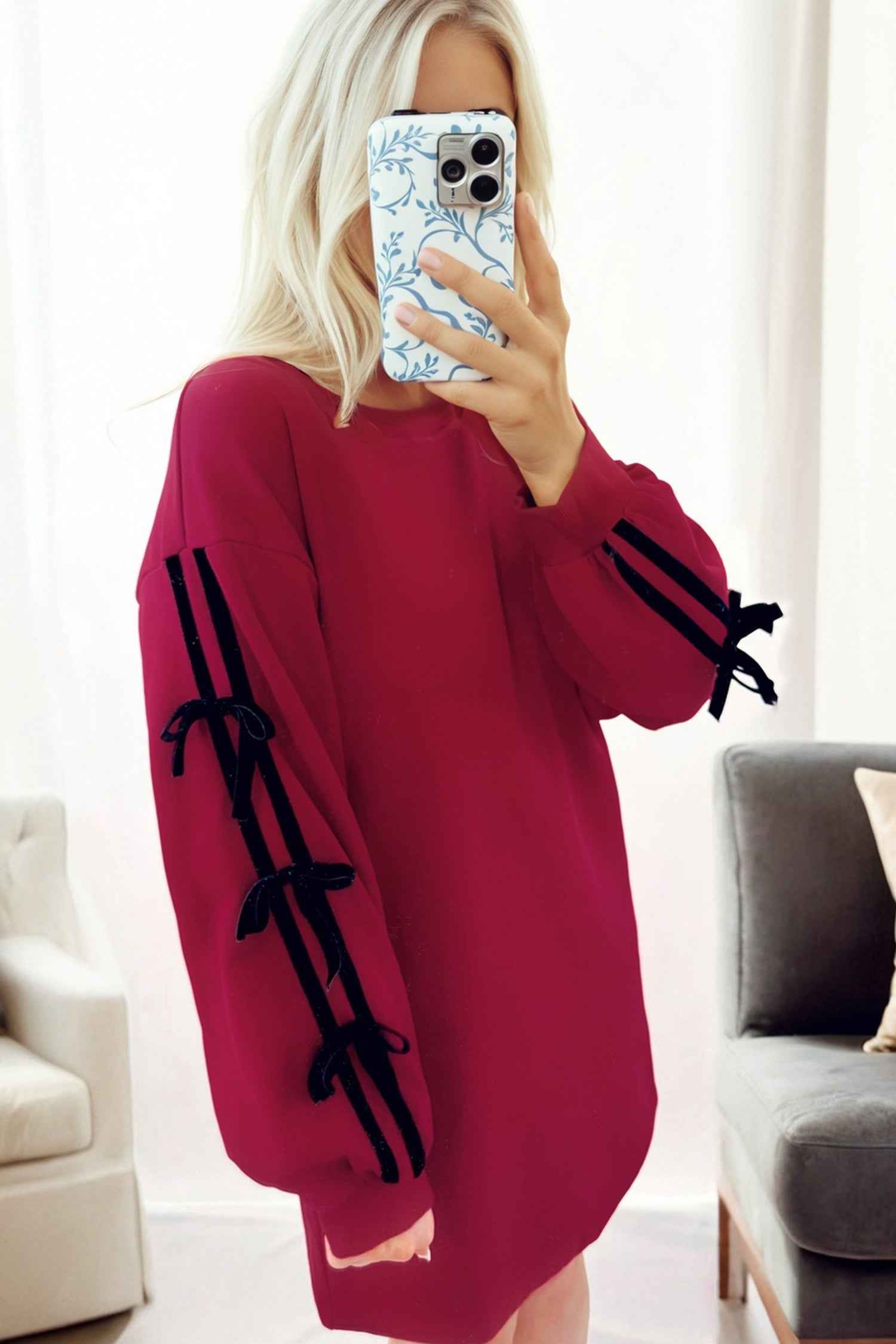 Racing Red Contrast Striped Bow Detail Drop Shoulder Sweatshirt Dress with Pockets Racing Red 65%Polyester+35%Cotton 8c7f2d49f06c2e37