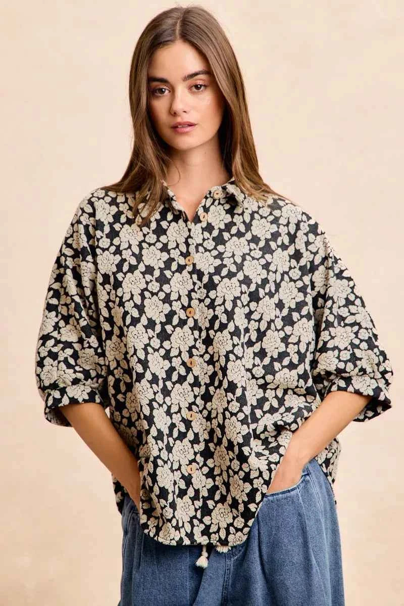 BiBi Floral Jacquard Short Dolman Sleeves Shirt BLACK LT GREY 8c80e06c97114023b3c4b6b838890182-Max-Origin