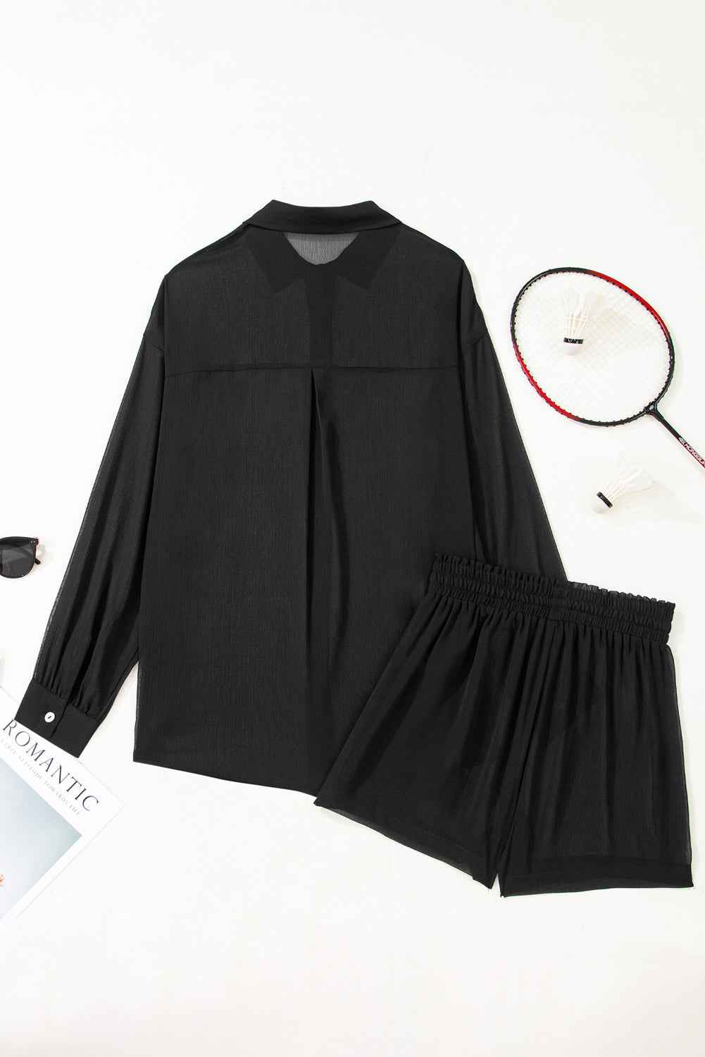 Black Sheer Tunic Shirt Drawstring Shorts 2pcs Swim Cover Up 8c8311674db8dac2