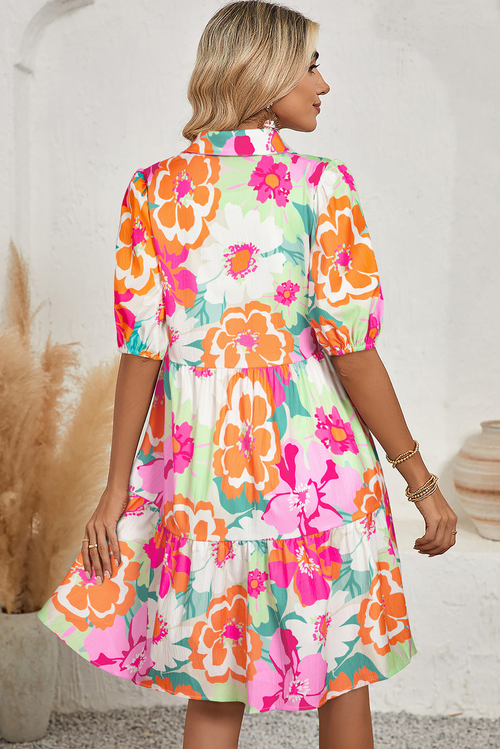 Pink Floral Puff Sleeve Collar Buttoned Babydoll Dress 8c835e6d2b8b259c