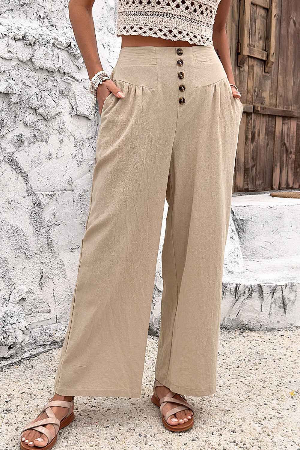 Parchment Solid Color Button High Waist Wide Leg Pants Parchment 8c877615291a317b