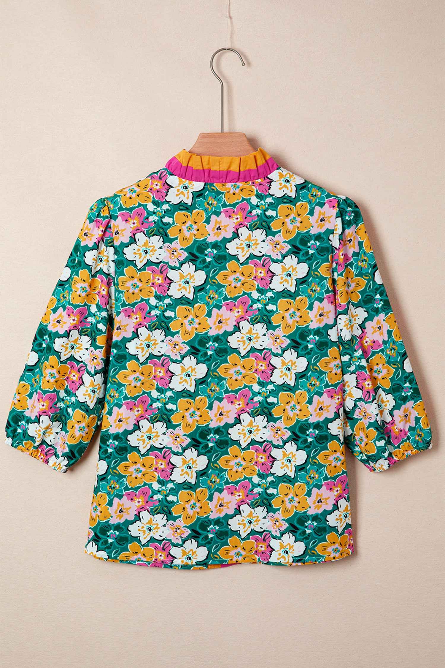 Green Floral Print Contrast Trim Frilled V Neck 3/4 Sleeve Blouse 8c89ed7b1ba10d62