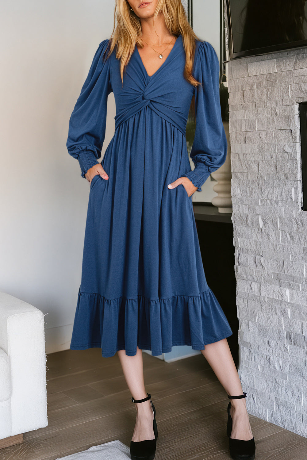 Sail Blue Solid Color Front Twist Puff Sleeve Ruffled Dress Sail Blue 65%Polyester+30%Viscose+5%Elastane 8c8f7454a5ac583d