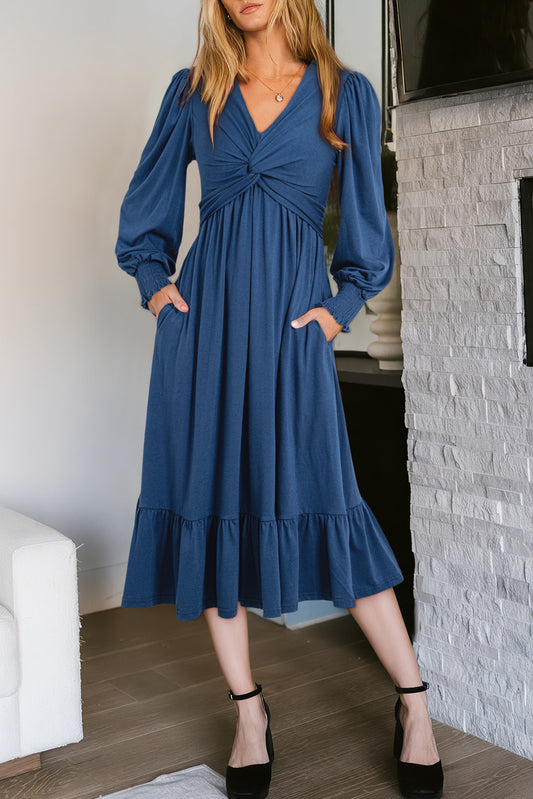 Sail Blue Solid Color Front Twist Puff Sleeve Ruffled Dress Sail Blue 65%Polyester+30%Viscose+5%Elastane 8c8f7454a5ac583d