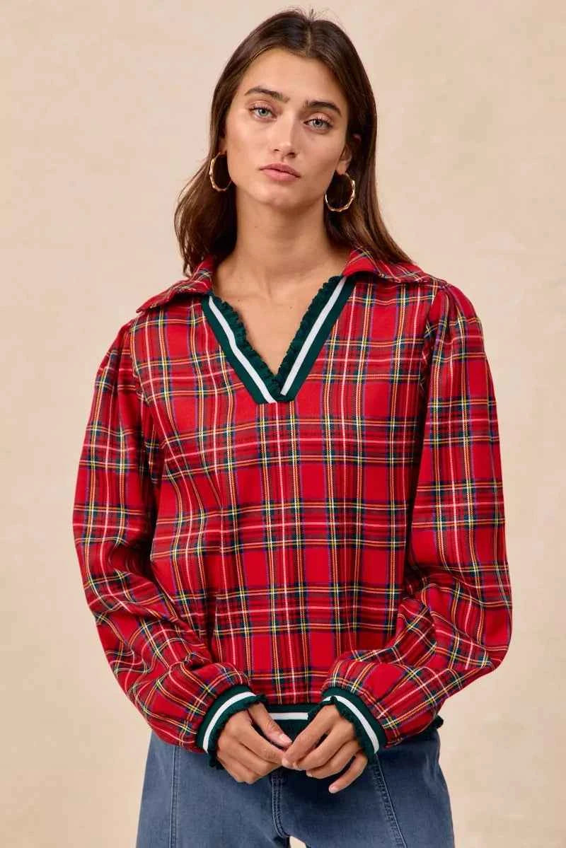 BiBi Christmas Plaid Collared Top with Ruffled Detail RED 8c962670dc114bf8b6d27910764fccd9-Max-Origin
