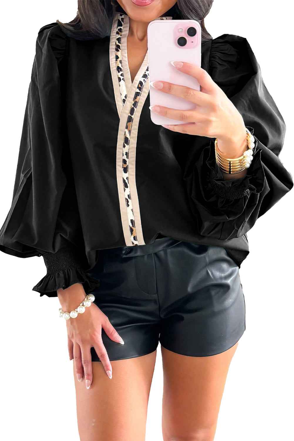 Black Smocked Puff Sleeve Leopard Trim V Neck Blouse 8c97cc4abcc53a8f