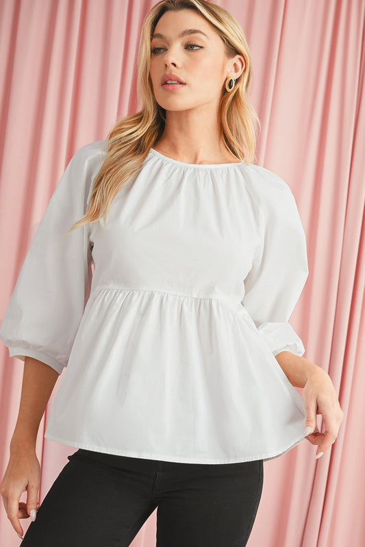 White Bow Knot Cutout Back Loose Fit 3/4 Sleeve Blouse 8c9801023869268f