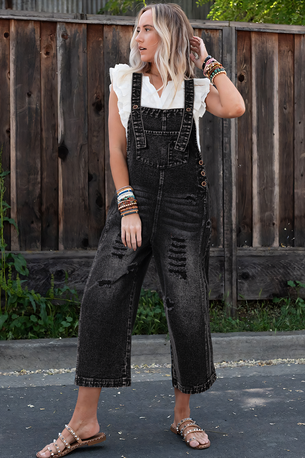 Black Distressed Bib Pocket Wide Leg Denim Overall 8c9a0a90da41cc4a