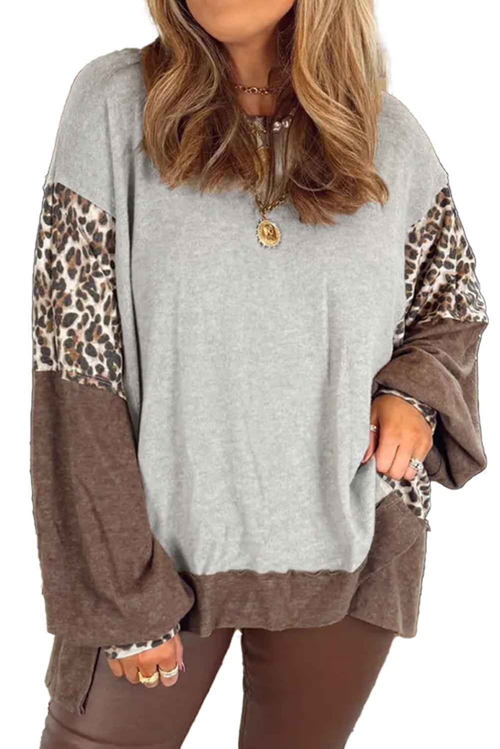 Gray Plus Size Leopard Patchwork Baggy Sweatshirt 8c9c3d0f424791ee