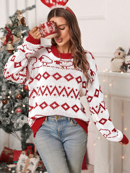 Perfee Contrast Geometric Round Neck Long Sleeve Sweater