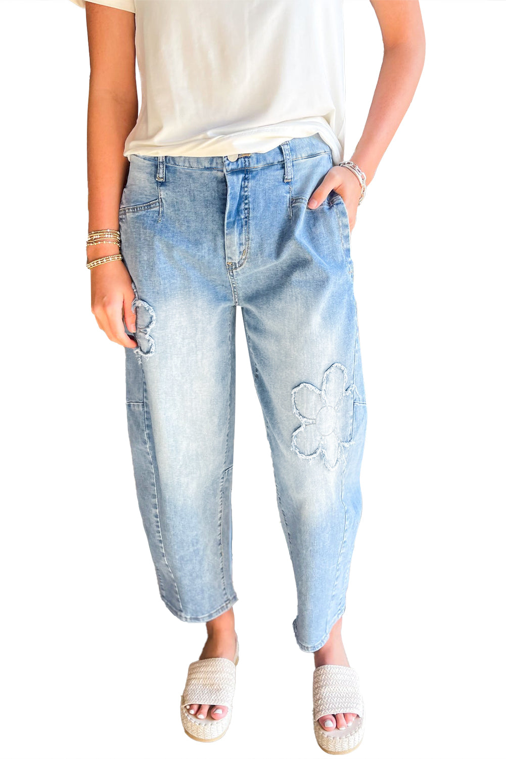 Beau Blue Light Wash Floral Pocketed High Waist Jeans 8ca3e7737864274a