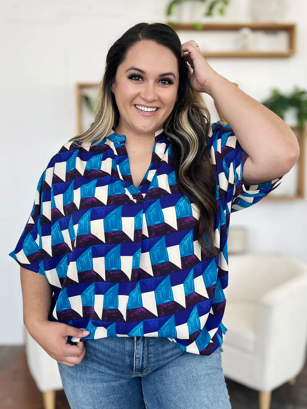 Double Take Full Size Geometric Notched Half Sleeve Blouse 8ca403ed-6d2f-43f6-b6e8-0889dabcf600-Max