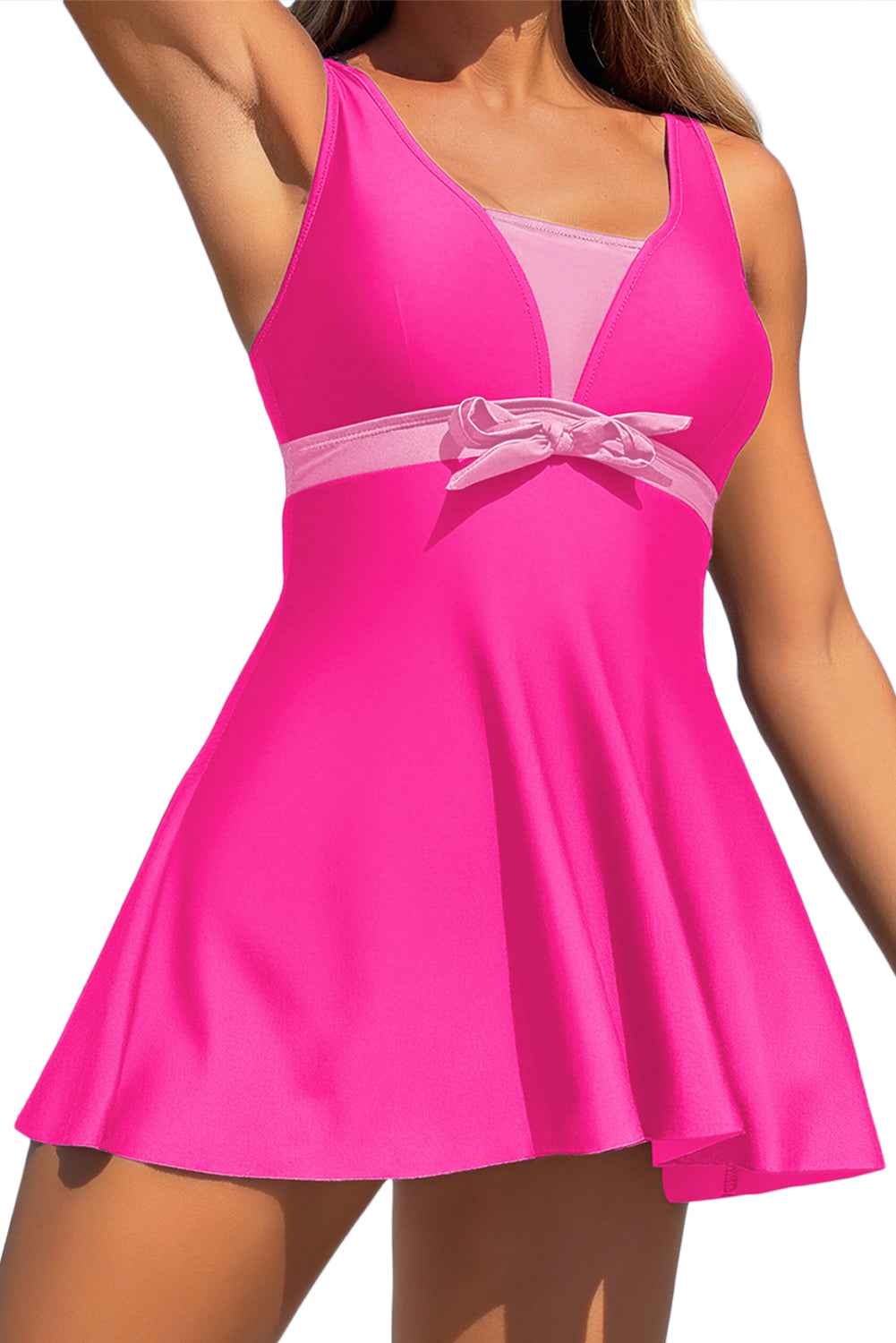 Blue Floral Print Patchwork Bow Knot Detail Sleeveless Swim Dress 8cabf9bde44d34a2