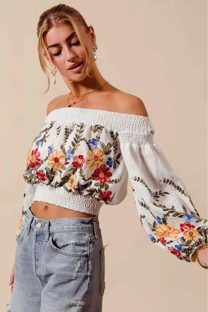 SO ME Floral Embroidered Off The Shoulder Crop Top 8cadde0823b14b1394211babbb4dde8b-Max-Origin