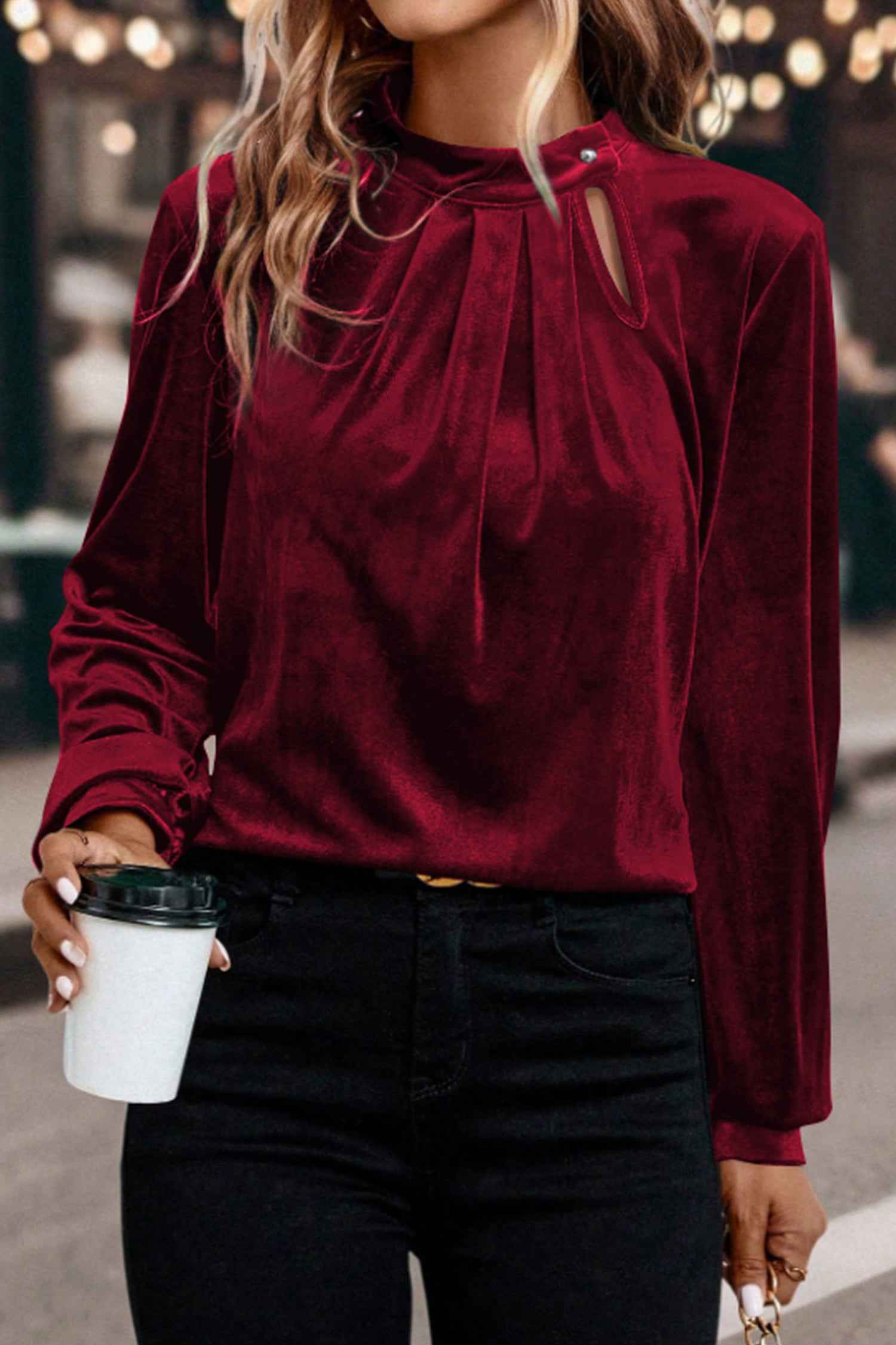 Red Dahlia Asymmetric Button Keyhole Neck Long Sleeve Velvet Blouse 8caf8ed92dd729d7
